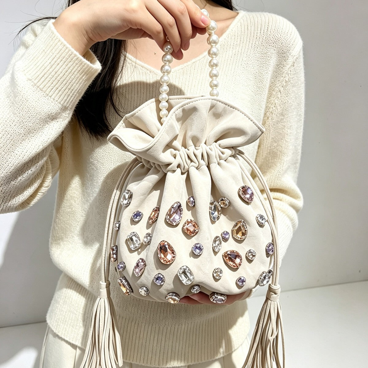 Women's Crystal Pearl Bucket Bag Drawstring Shoulder Purse Hobo for Everyday Use Travel Work Premium Versatile Office School