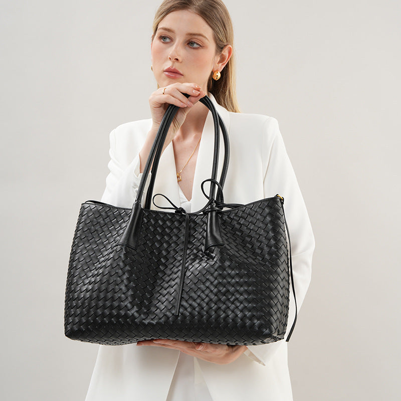 Women's Large-capacity Woven Handcrafted Leather Casual Tote Bag Shoulder Crossbody Purse Versatile Work and Travel Office