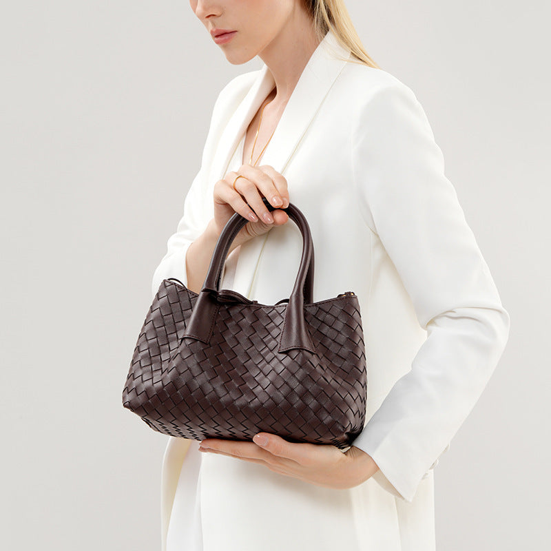 Women's Large-capacity Woven Handcrafted Leather Casual Tote Bag Shoulder Crossbody Purse Versatile Work and Travel Office