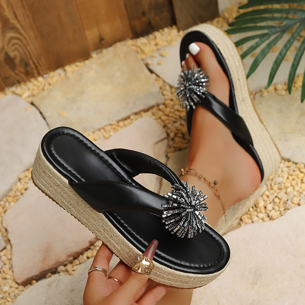 Women's Open Toe Crystal Wedge Lift Summer Beach Sandals Vacation Wedding Guest Everyday Wear