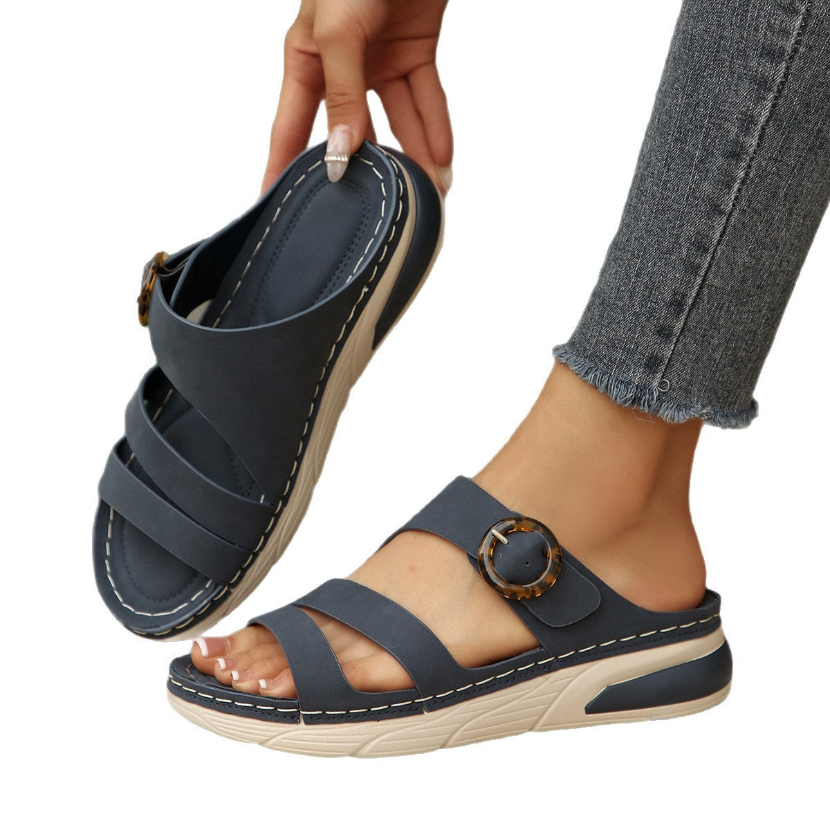 Women's Summer Chunky Sole Wedge Flat Cutout Beach Slippers Indoor Outdoor House Shoes
