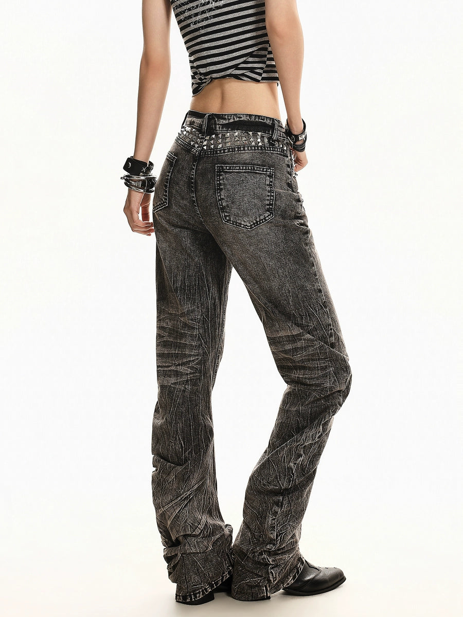 Women's Studded Oxidized Washed Slim-Fit Zip Retro Wide-Leg Jeans for Casual Outfits Everyday Office Weekend Date Night