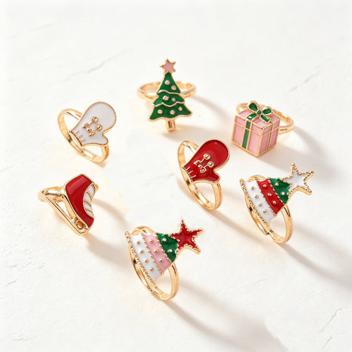Christmas Ring Set, Christmas Tree, Mitten and Gift Box Rings, 6-Piece or 50-Piece Assorted Holiday Party Favor Pack, Stocking Stuffers and Gift Exchange Presen