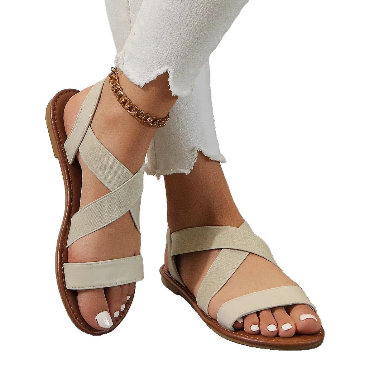Women's Round Toe Low Heel Flat Plus Size Slip-On Outdoor Casual Summer Beach Sandals