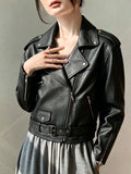 Women's Black Lapel Leather Cropped Outdoor Jacket Casual Coat for Cold Weather Fall Travel Holiday Date Night