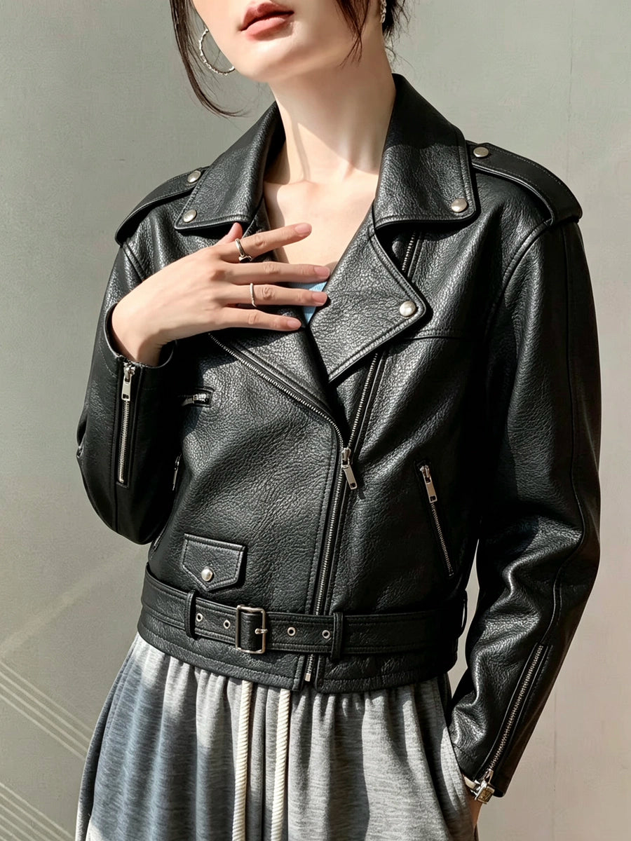 Women's Black Lapel Leather Cropped Outdoor Jacket Casual Coat for Cold Weather Fall Travel Holiday Date Night
