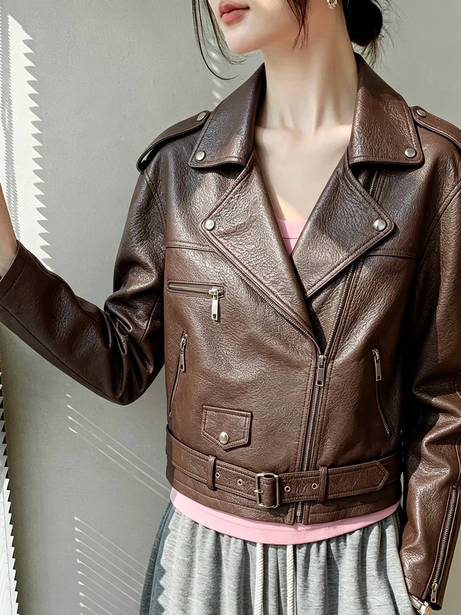 Women's Black Lapel Leather Cropped Outdoor Jacket Casual Coat for Cold Weather Fall Travel Holiday Date Night