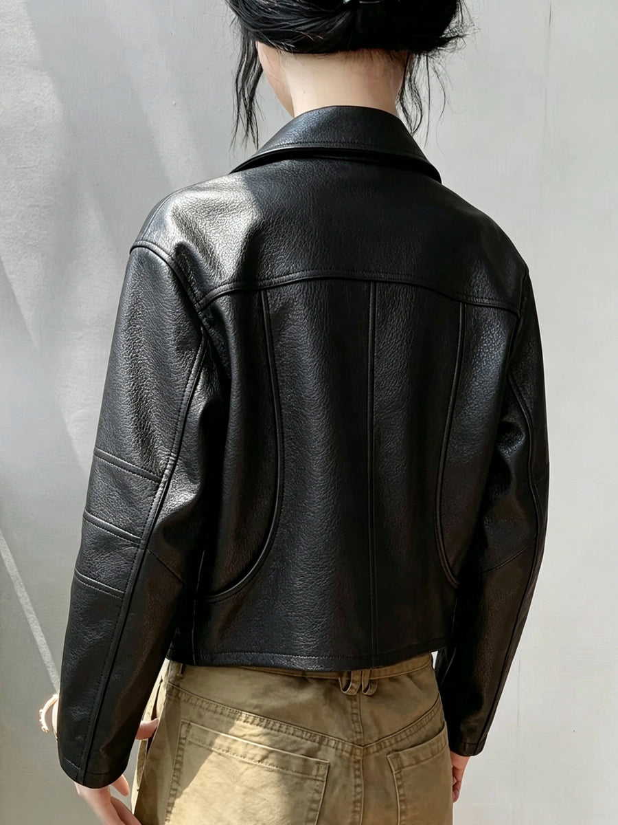 Women's Black Lapel Leather Cropped Outdoor Jacket Casual Coat for Cold Weather Fall Travel Holiday Date Night