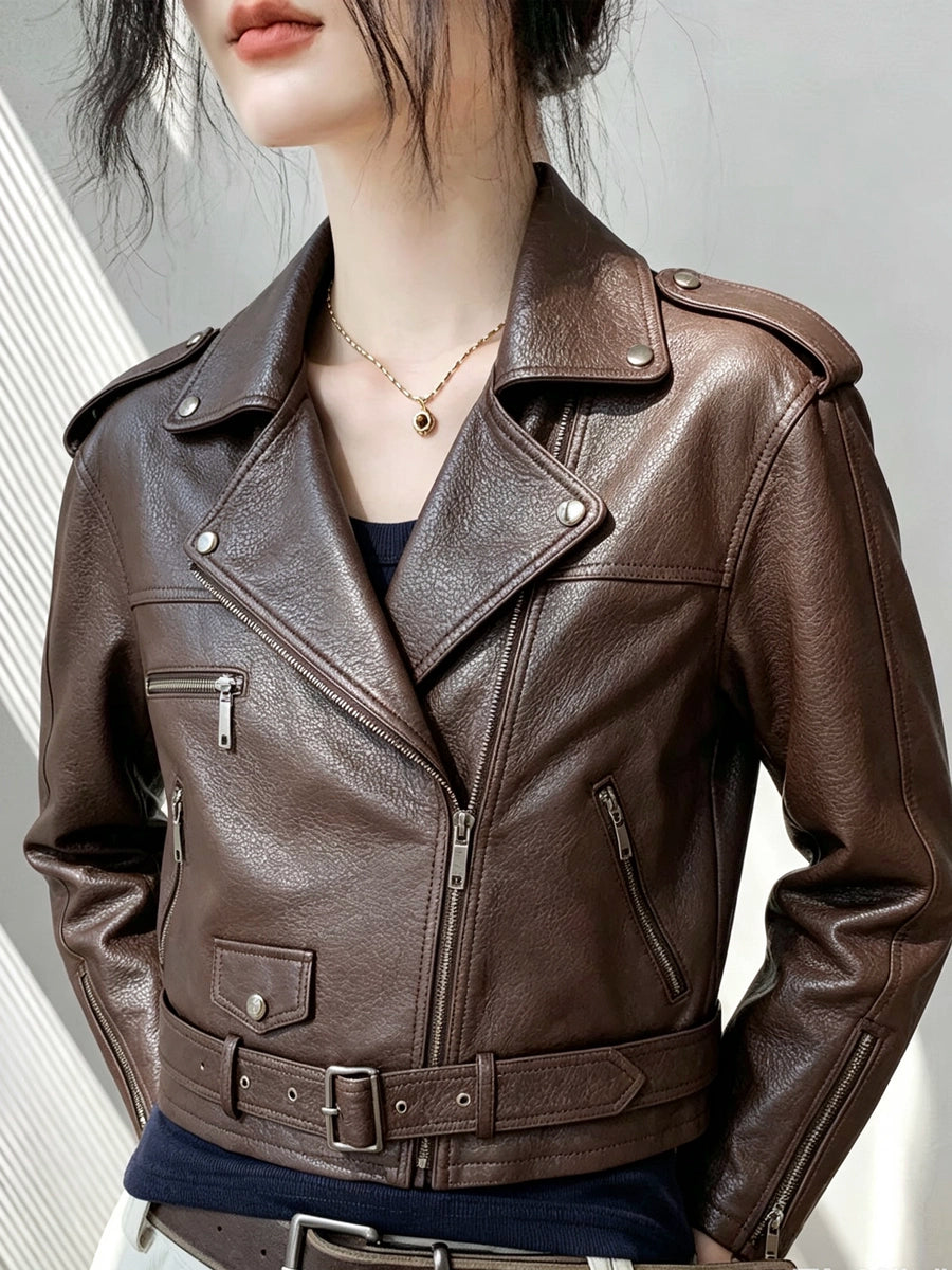 Women's Black Lapel Leather Cropped Outdoor Jacket Casual Coat for Cold Weather Fall Travel Holiday Date Night