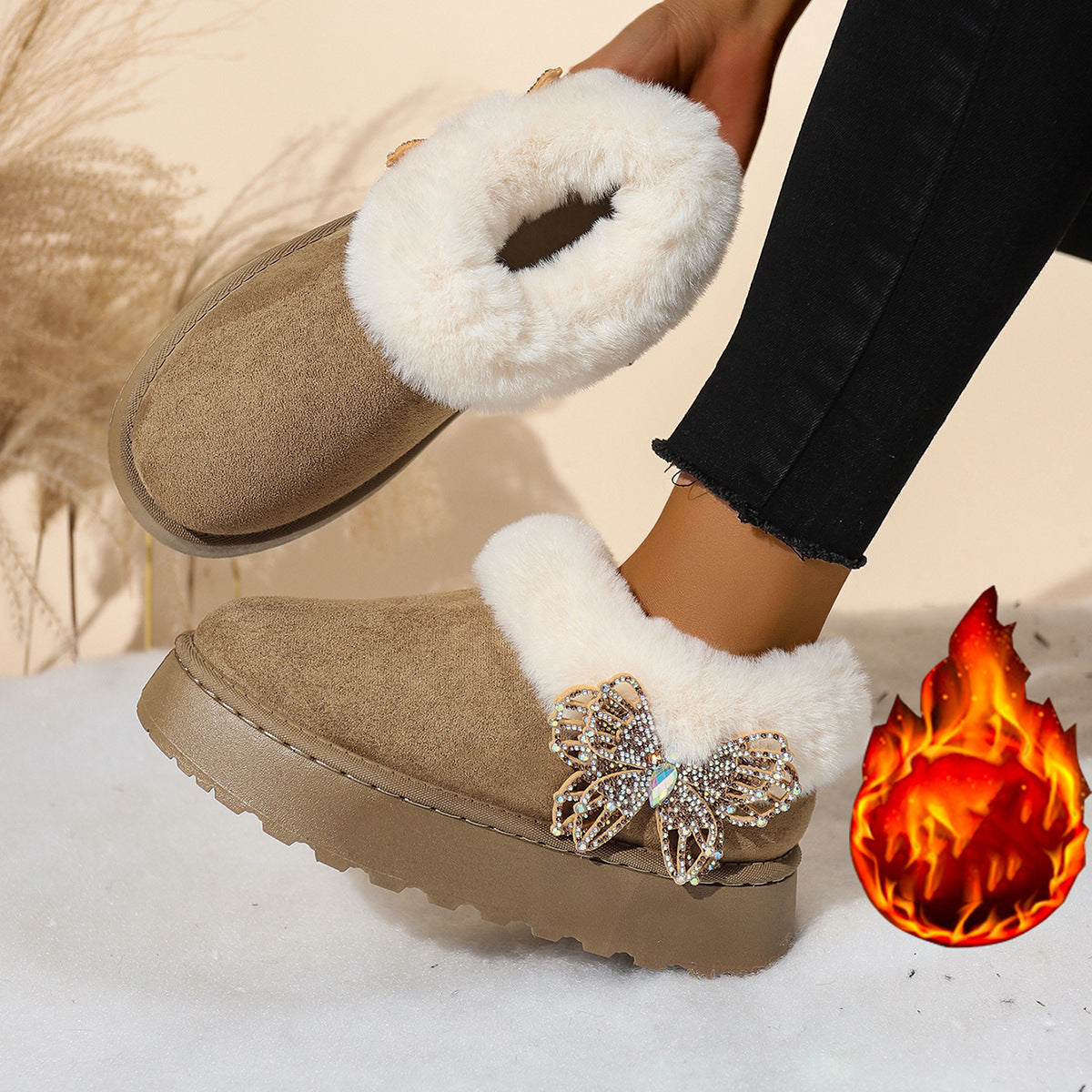 Women's Chunky Sole Fleece-Lined Plus Size Slip-On Casual Winter Snow Boots Ankle