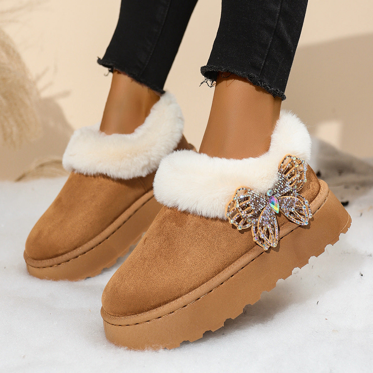 Women's Chunky Sole Fleece-Lined Plus Size Slip-On Casual Winter Snow Boots Ankle
