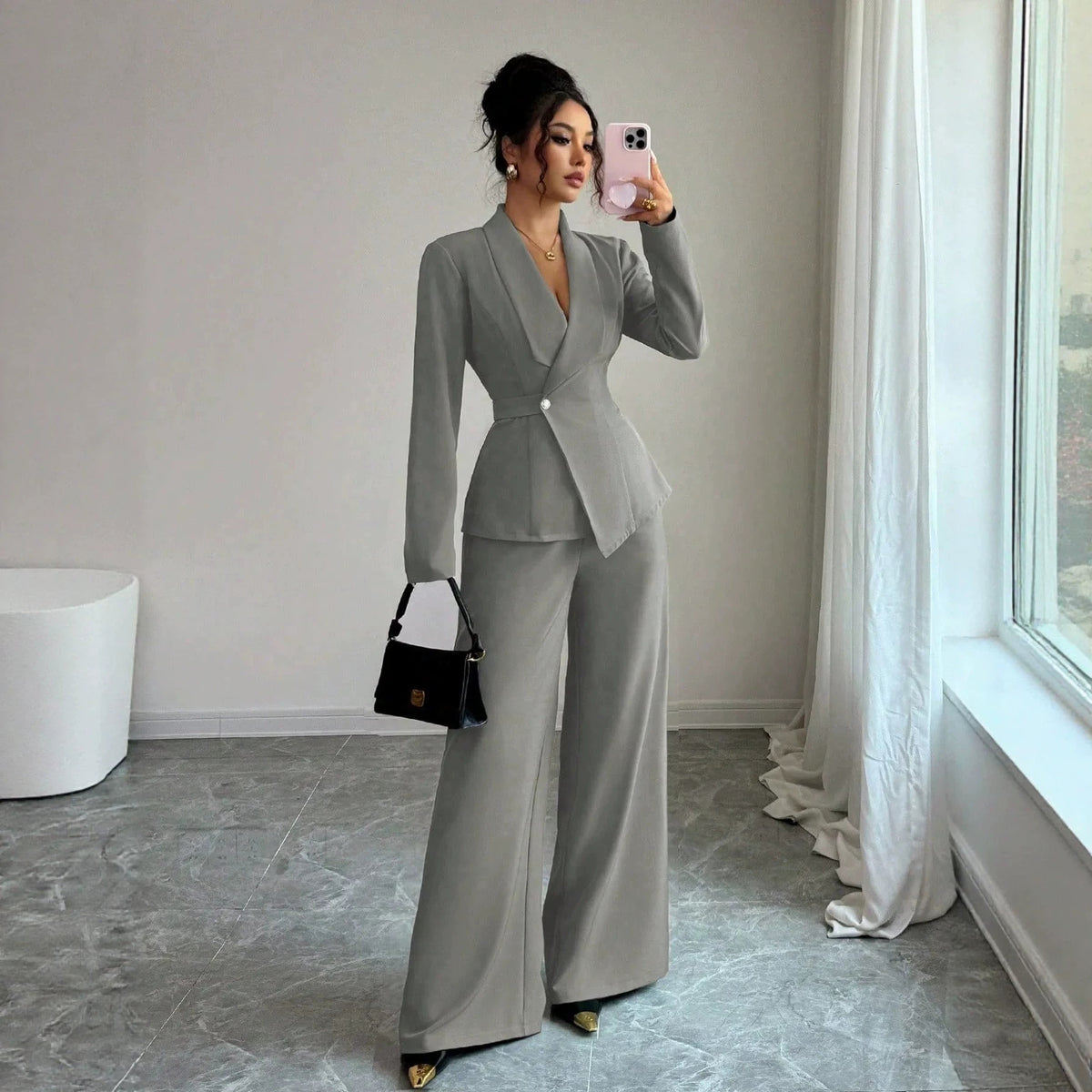 Women's V-Neck Workwear Casual Two-Piece Set Matching Outfit Set
