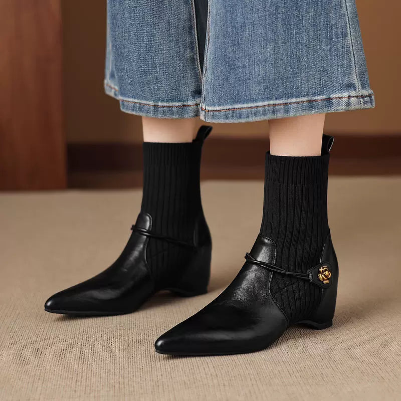 Women's Knit Office Hidden Lift Pointed Toe Wedge Zip Workwear Slim Ankle Boots for Fall Outfits Streetwear Winter Office and Weekend Everyday Wear