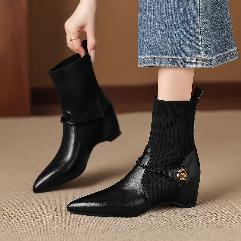 Women's Knit Office Hidden Lift Pointed Toe Wedge Zip Workwear Slim Ankle Boots for Fall Outfits Streetwear Winter Office and Weekend Everyday Wear