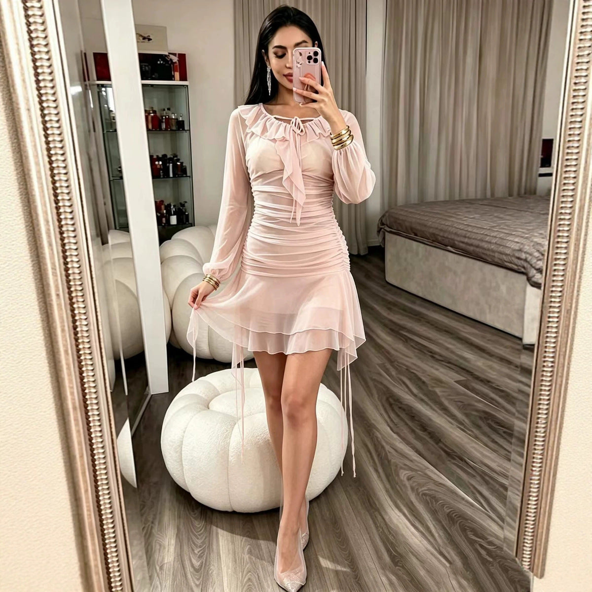 Women's Fall Winter Flare Sleeve Square Neck Bodycon Breathable Mesh Petite Mini Skirt for Date Night Office Weekend Everyday