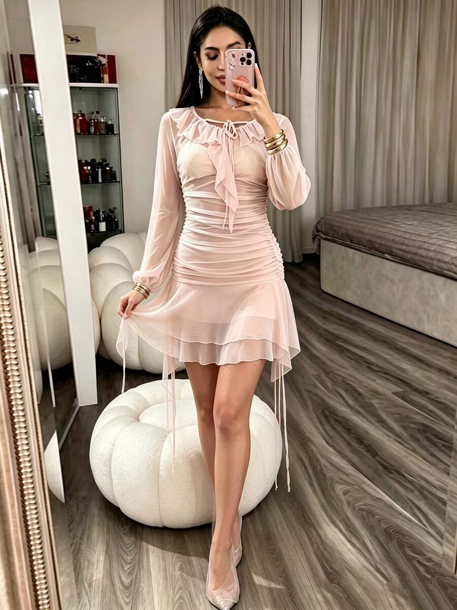 Women's Fall Winter Flare Sleeve Square Neck Bodycon Breathable Mesh Petite Mini Skirt for Date Night Office Weekend Everyday