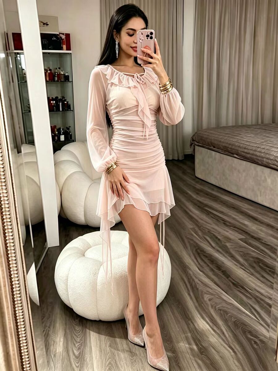 Women's Fall Winter Flare Sleeve Square Neck Bodycon Breathable Mesh Petite Mini Skirt for Date Night Office Weekend Everyday
