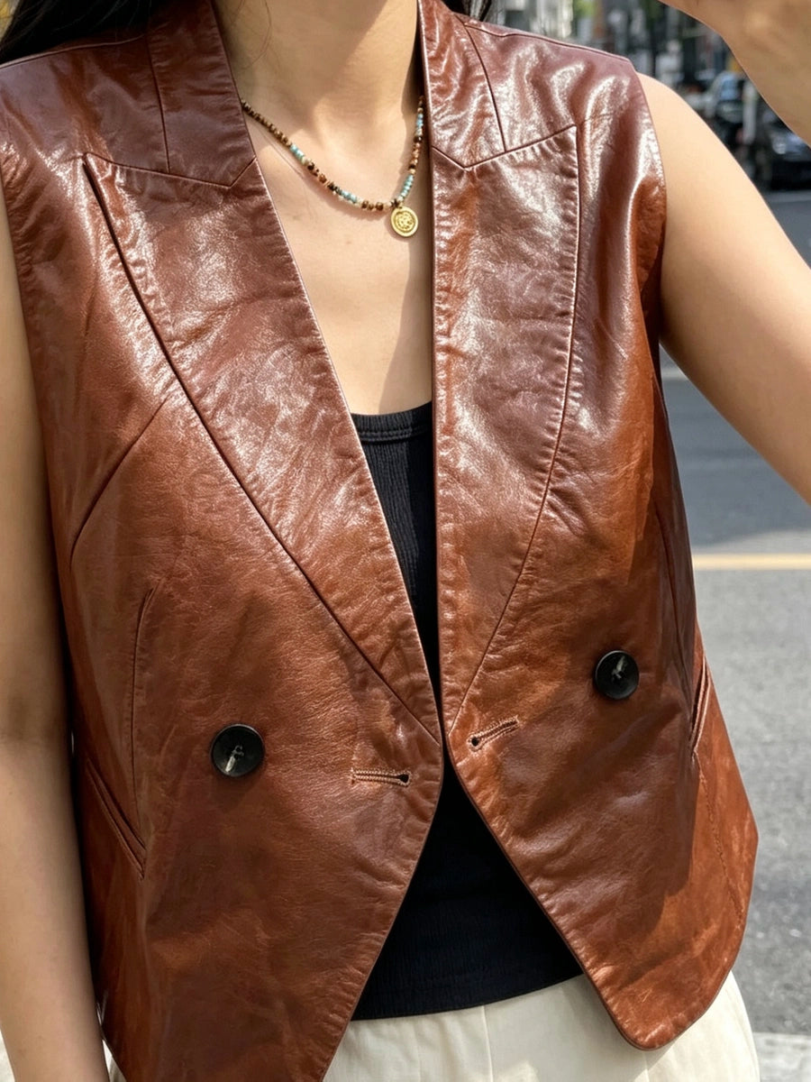 Women's Vest Brown Slim-Fit Lapel Double-Breasted Office Leather Cropped Workwear Outdoor Retro for Date Night Holiday Party Spring Summer