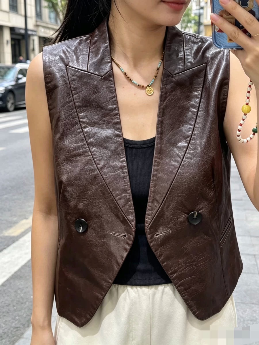 Women's Vest Brown Slim-Fit Lapel Double-Breasted Office Leather Cropped Workwear Outdoor Retro for Date Night Holiday Party Spring Summer