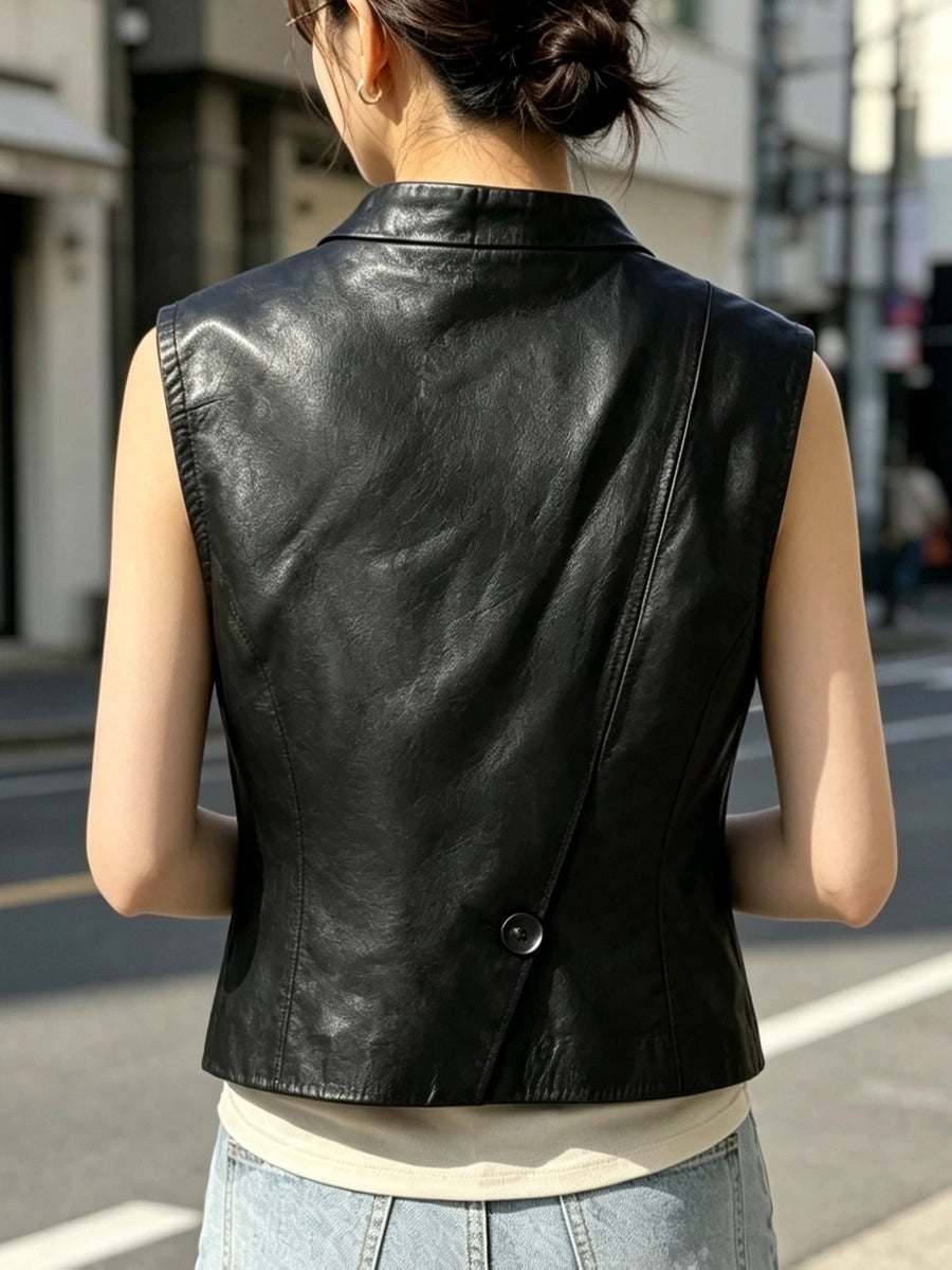 Women's Vest Brown Slim-Fit Lapel Double-Breasted Office Leather Cropped Workwear Outdoor Retro for Date Night Holiday Party Spring Summer