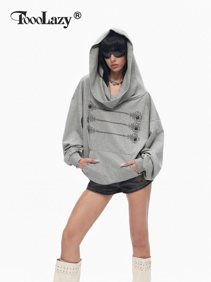 Women's American-Style Grey Open-Back Oversized Long Sleeve Cowl-Neck Hoodie Sweatshirt for Casual Streetwear Fall Travel and Weekend Everyday Date Night