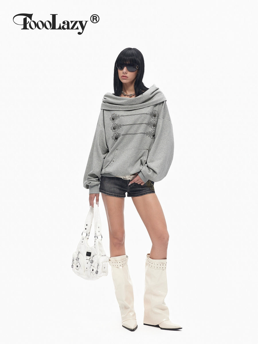 Women's American-Style Grey Open-Back Oversized Long Sleeve Cowl-Neck Hoodie Sweatshirt for Casual Streetwear Fall Travel and Weekend Everyday Date Night