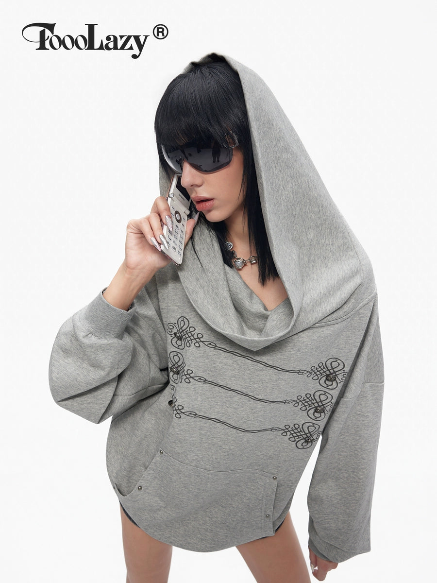 Women's American-Style Grey Open-Back Oversized Long Sleeve Cowl-Neck Hoodie Sweatshirt for Casual Streetwear Fall Travel and Weekend Everyday Date Night
