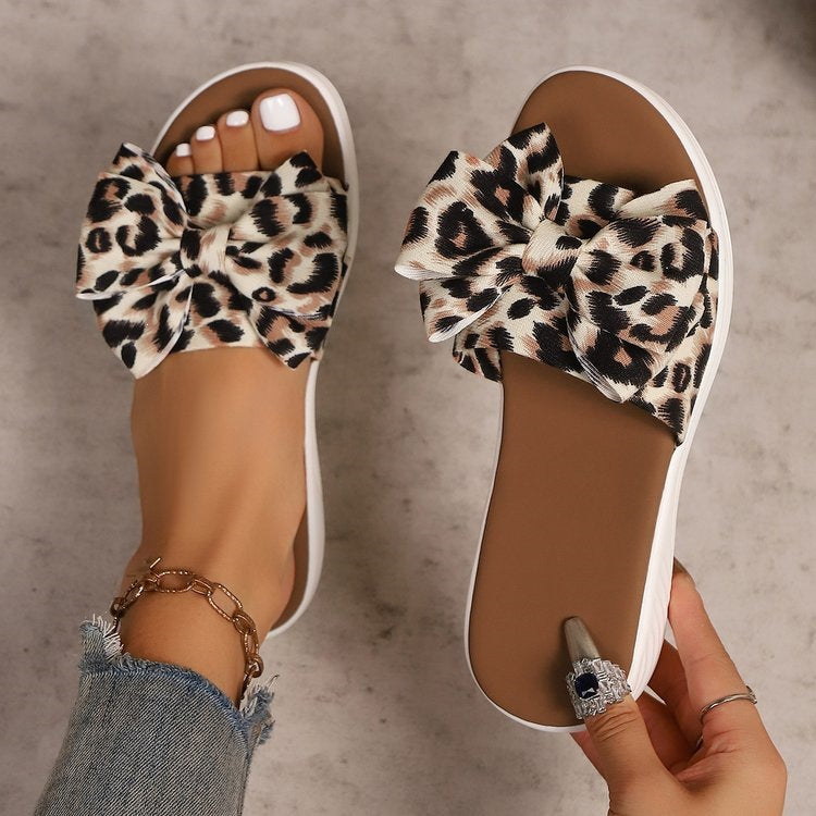 Women's Leopard Bow Flat Plus Size Sole Outdoor Retro Casual Beach Slide Slippers Pool Slides