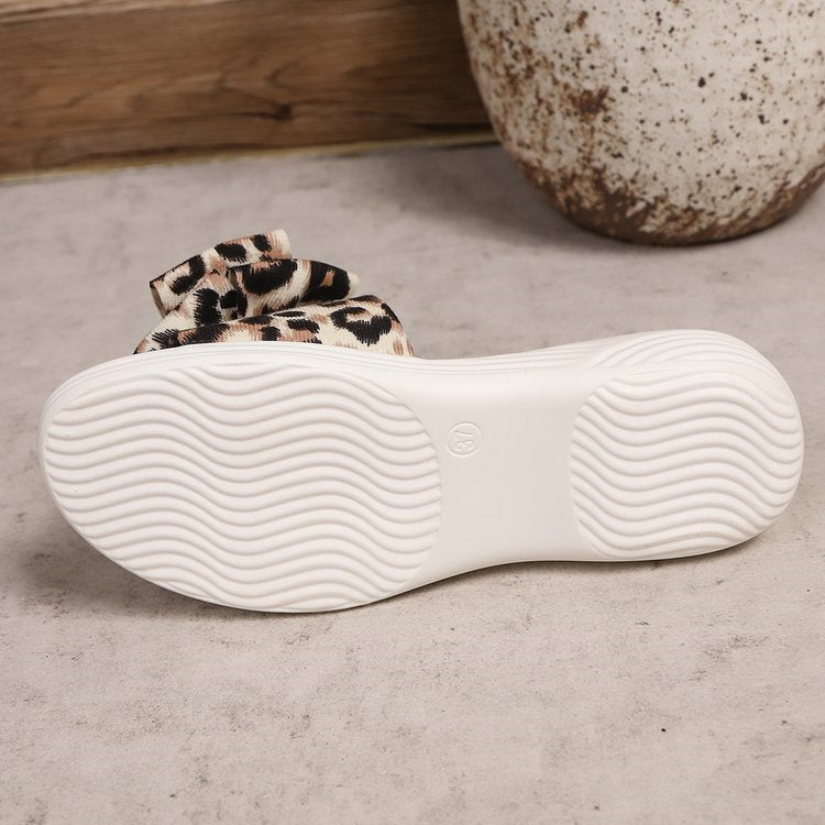 Women's Leopard Bow Flat Plus Size Sole Outdoor Retro Casual Beach Slide Slippers Pool Slides