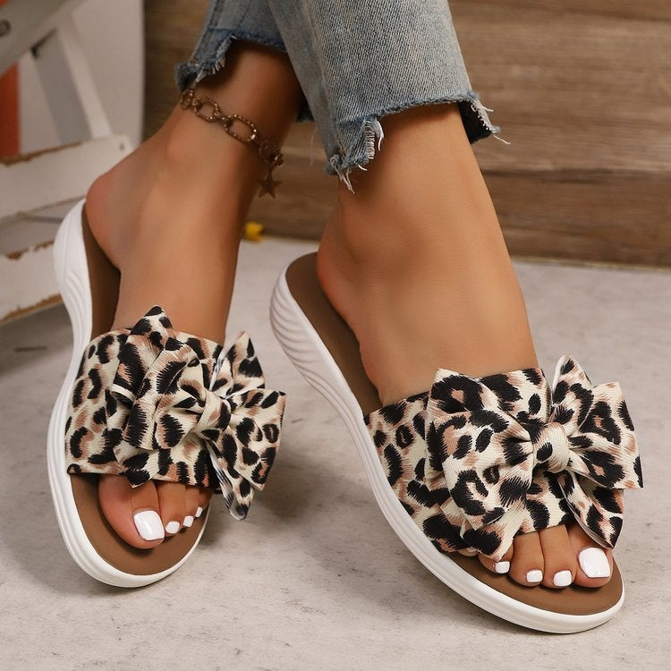 Women's Leopard Bow Flat Plus Size Sole Outdoor Retro Casual Beach Slide Slippers Pool Slides