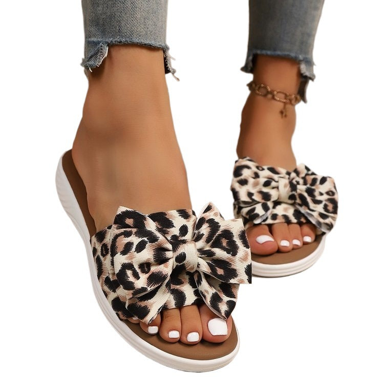 Women's Leopard Bow Flat Plus Size Sole Outdoor Retro Casual Beach Slide Slippers Pool Slides