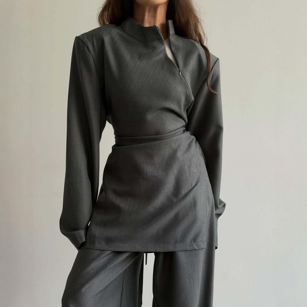 Women's Draped Mandarin Collar Workwear Long Sleeve Lace-up Wide-leg Pants Set