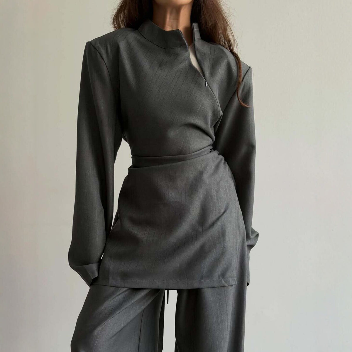 Women's Draped Mandarin Collar Workwear Long Sleeve Lace-up Wide-leg Pants Set