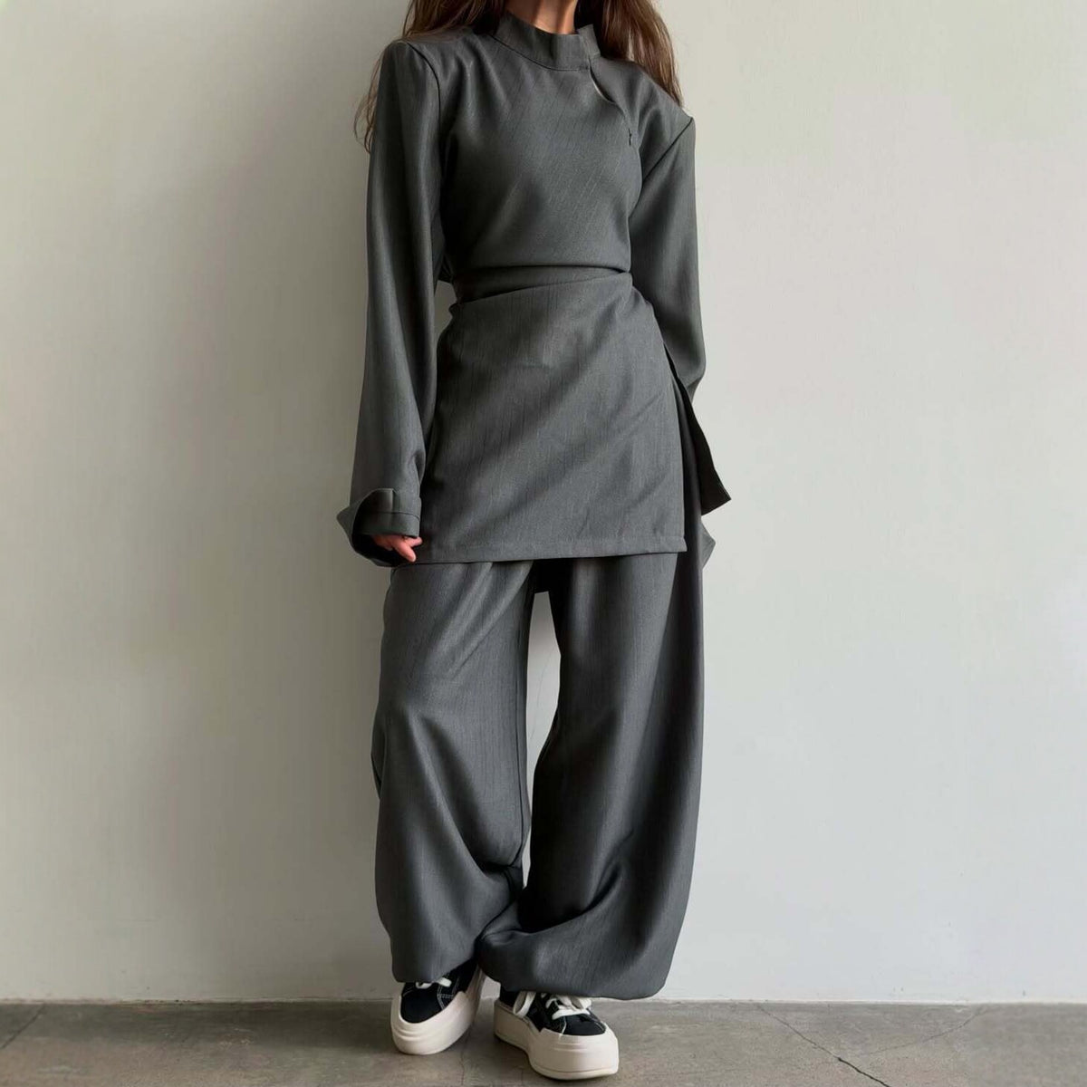 Women's Draped Mandarin Collar Workwear Long Sleeve Lace-up Wide-leg Pants Set