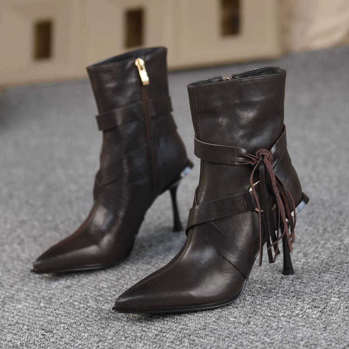 Women's Tassel Winter Pointed Toe Stiletto High Heel Flat Ankle Boots for Fall Outfits Streetwear Office and Weekend Everyday Wear