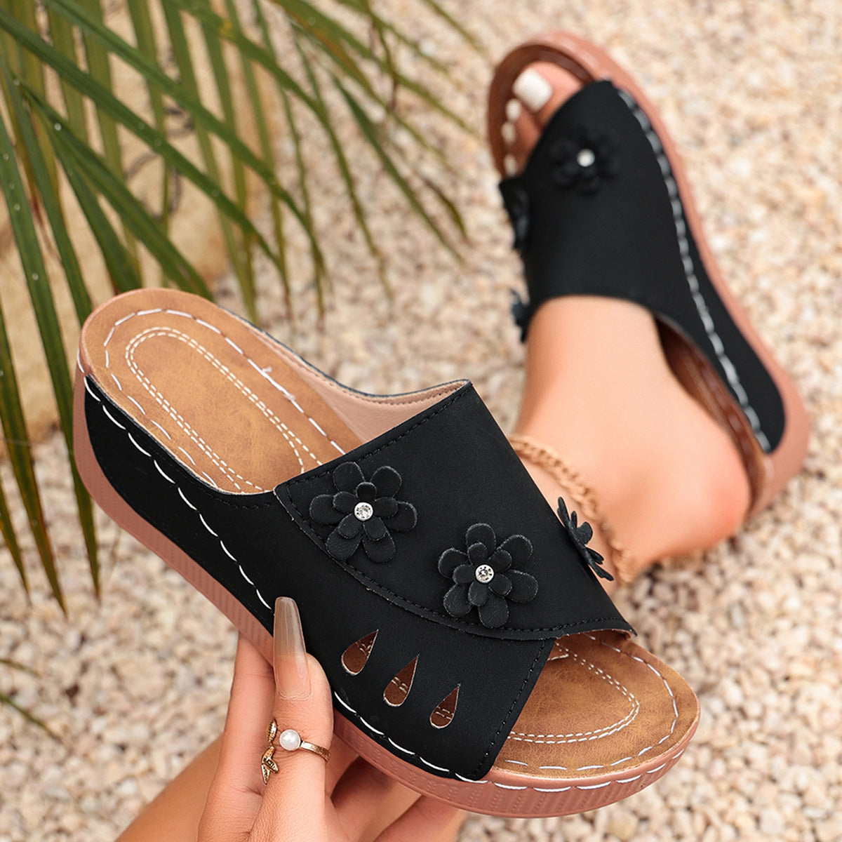 Women's Summer Chunky Sole Floral Wedge Plus Size Beach Sandals Vacation Wedding Guest