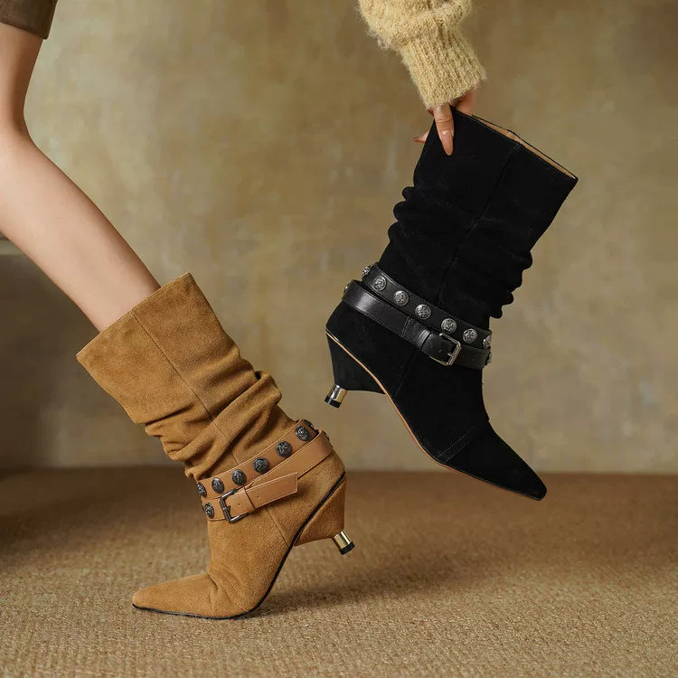 Women's Studded Winter Leather Pointed Toe High Heel Slim-fit Tall Riding Boots Fall for Office and Weekend Streetwear Everyday Wear Slimming