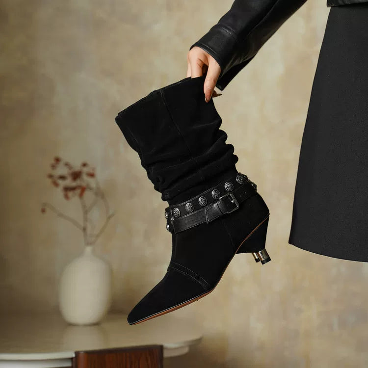 Women's Studded Winter Leather Pointed Toe High Heel Slim-fit Tall Riding Boots Fall for Office and Weekend Streetwear Everyday Wear Slimming