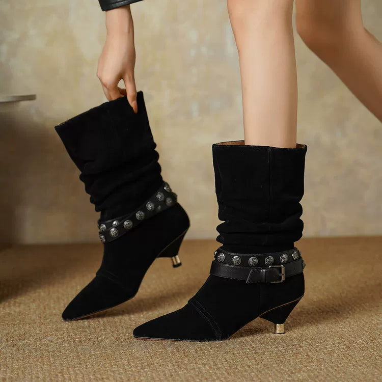Women's Studded Winter Leather Pointed Toe High Heel Slim-fit Tall Riding Boots Fall for Office and Weekend Streetwear Everyday Wear Slimming