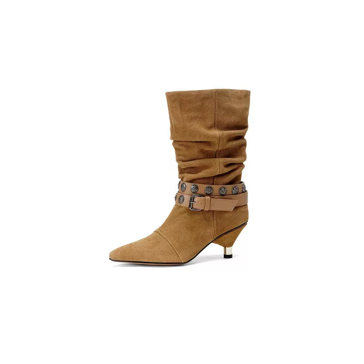 Women's Studded Winter Leather Pointed Toe High Heel Slim-fit Tall Riding Boots Fall for Office and Weekend Streetwear Everyday Wear Slimming