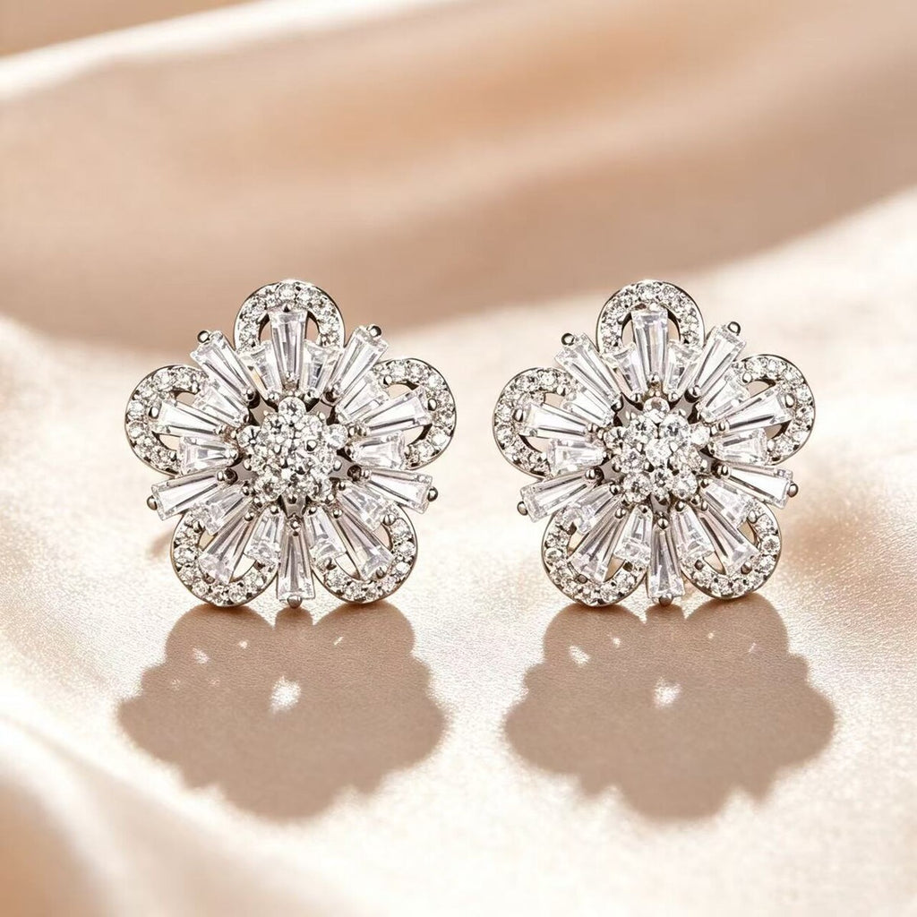 Cubic zirconia floral stud earrings by Yoshan, detail view 4