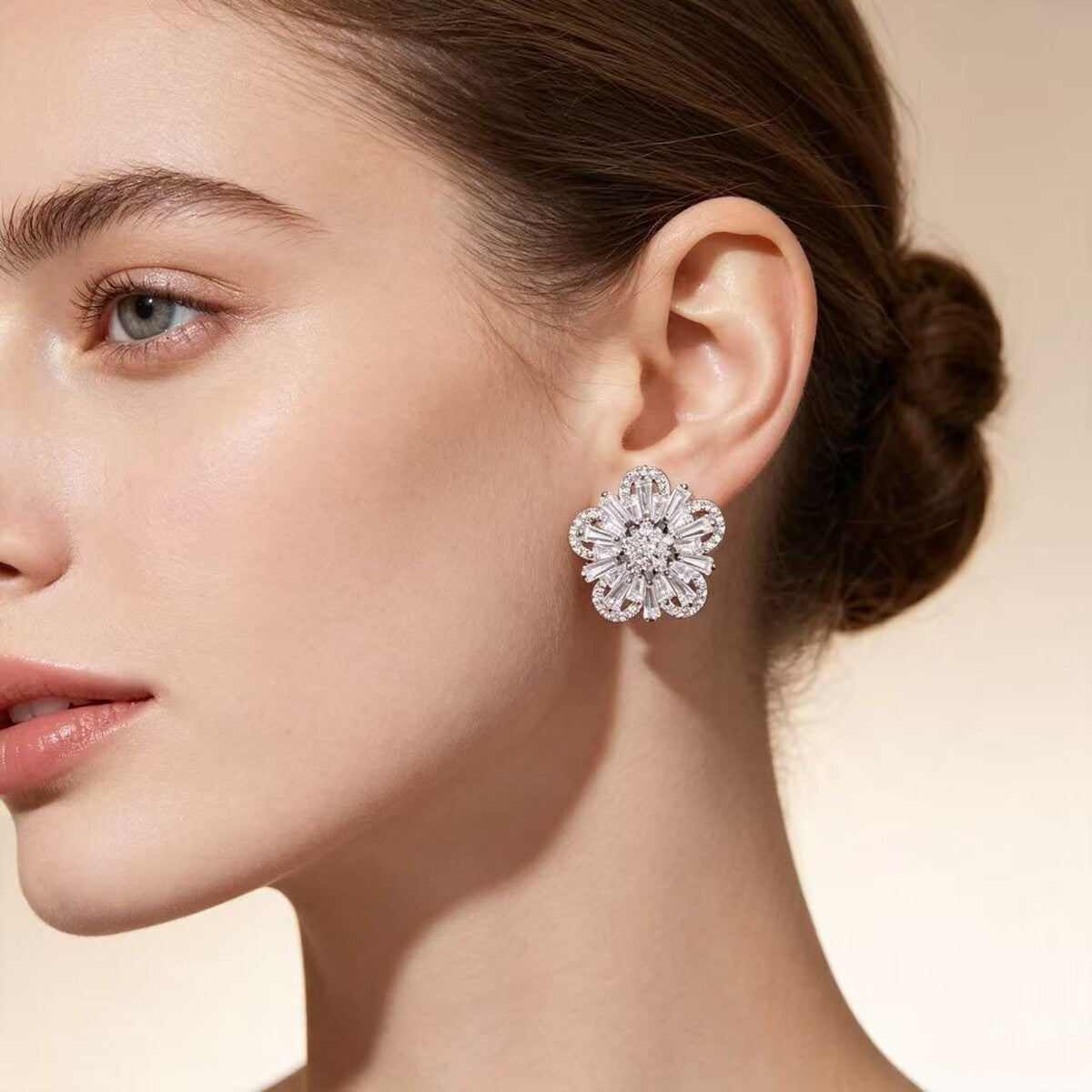 Cubic zirconia floral stud earrings by Yoshan, detail view 5