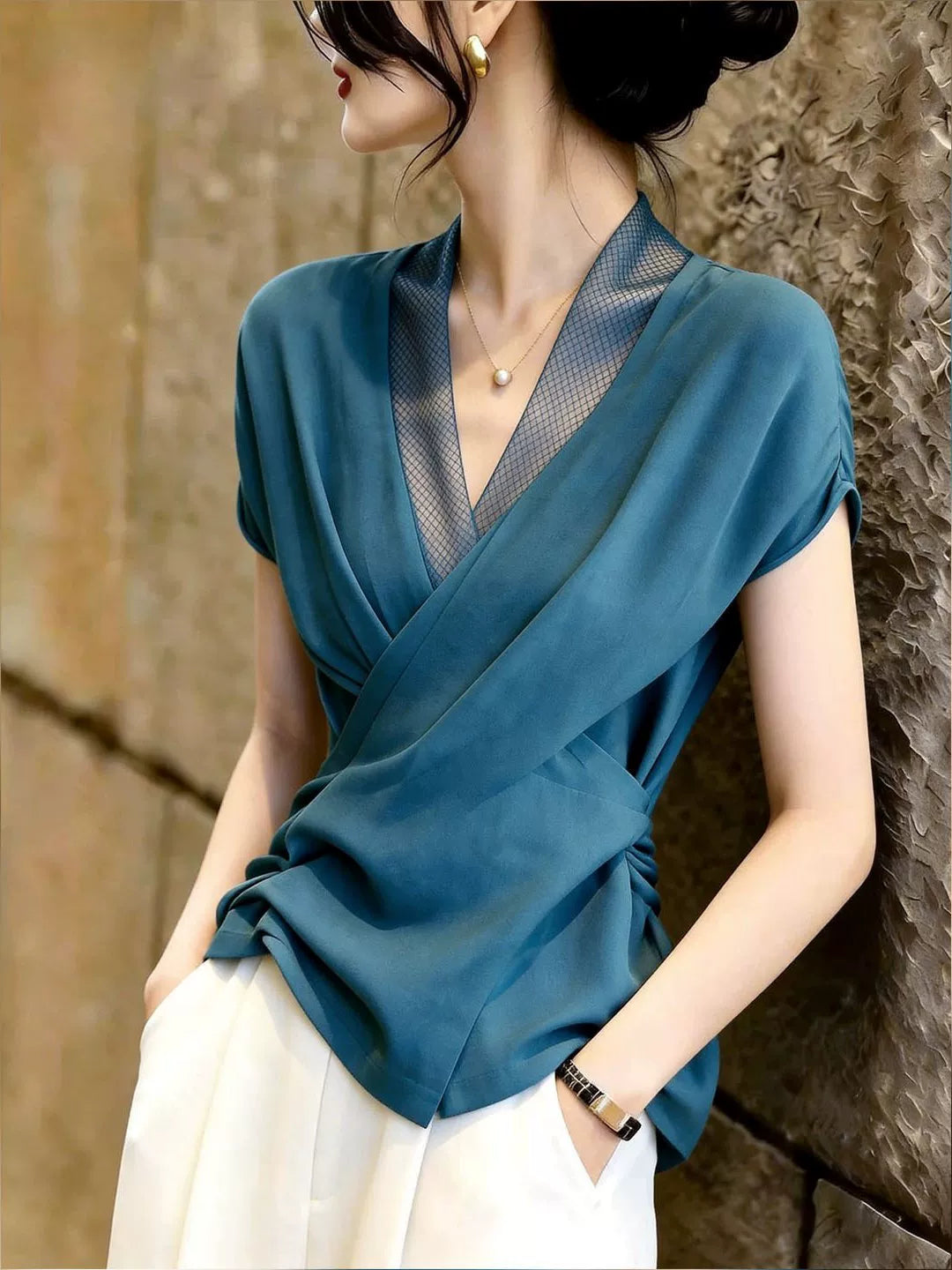 Women's V-Neck Summer Office Cropped Workwear Top Fashion Blouse Shirt for Business Casual Streetwear Spring