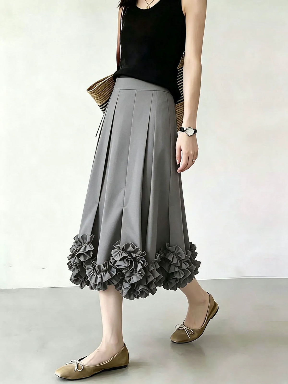 Women's Grey Pleated High-waist Slim-fit Midi Skirt for Summer Outfits Office Weekend Slimming Everyday Date Night