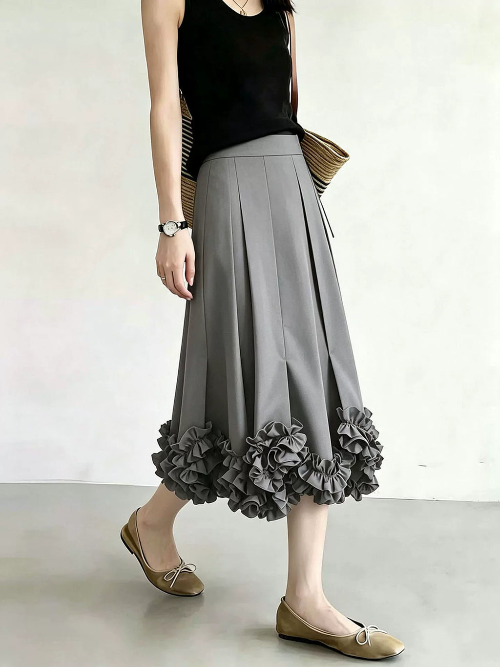 Women's Grey Pleated High-waist Slim-fit Midi Skirt for Summer Outfits Office Weekend Slimming Everyday Date Night