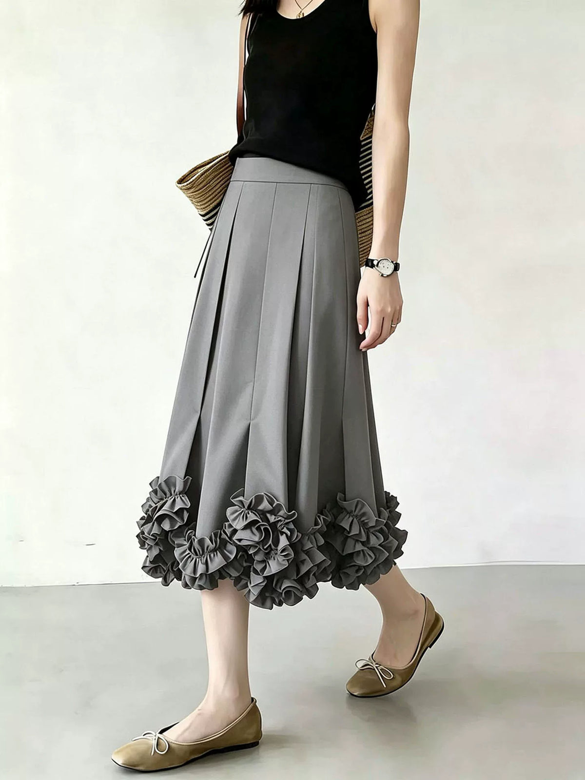 Women's Grey Pleated High-waist Slim-fit Midi Skirt for Summer Outfits Office Weekend Slimming Everyday Date Night