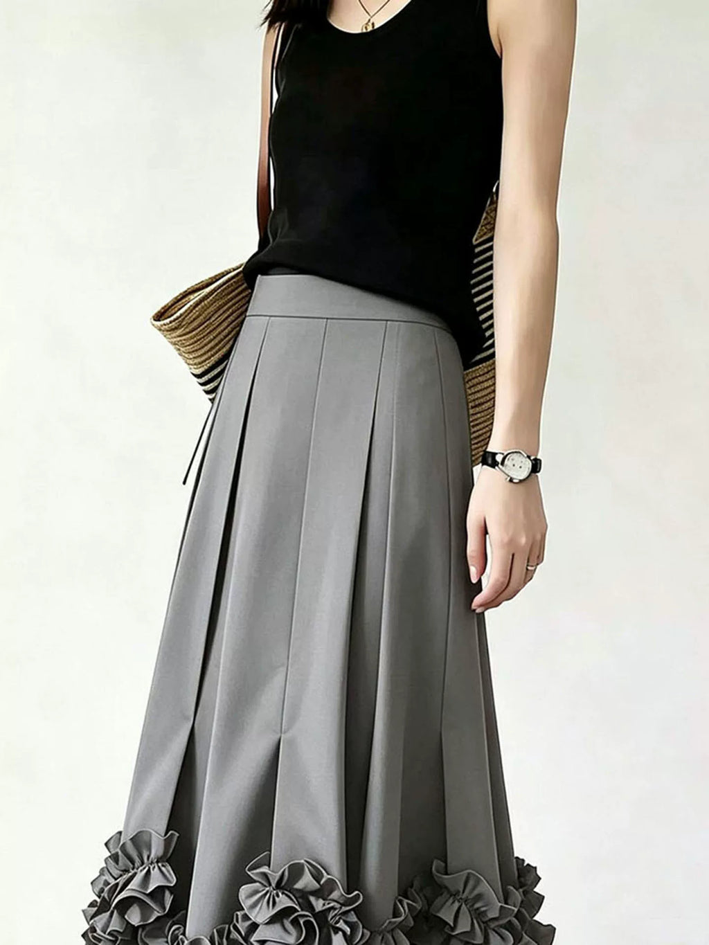Women's Grey Pleated High-waist Slim-fit Midi Skirt for Summer Outfits Office Weekend Slimming Everyday Date Night