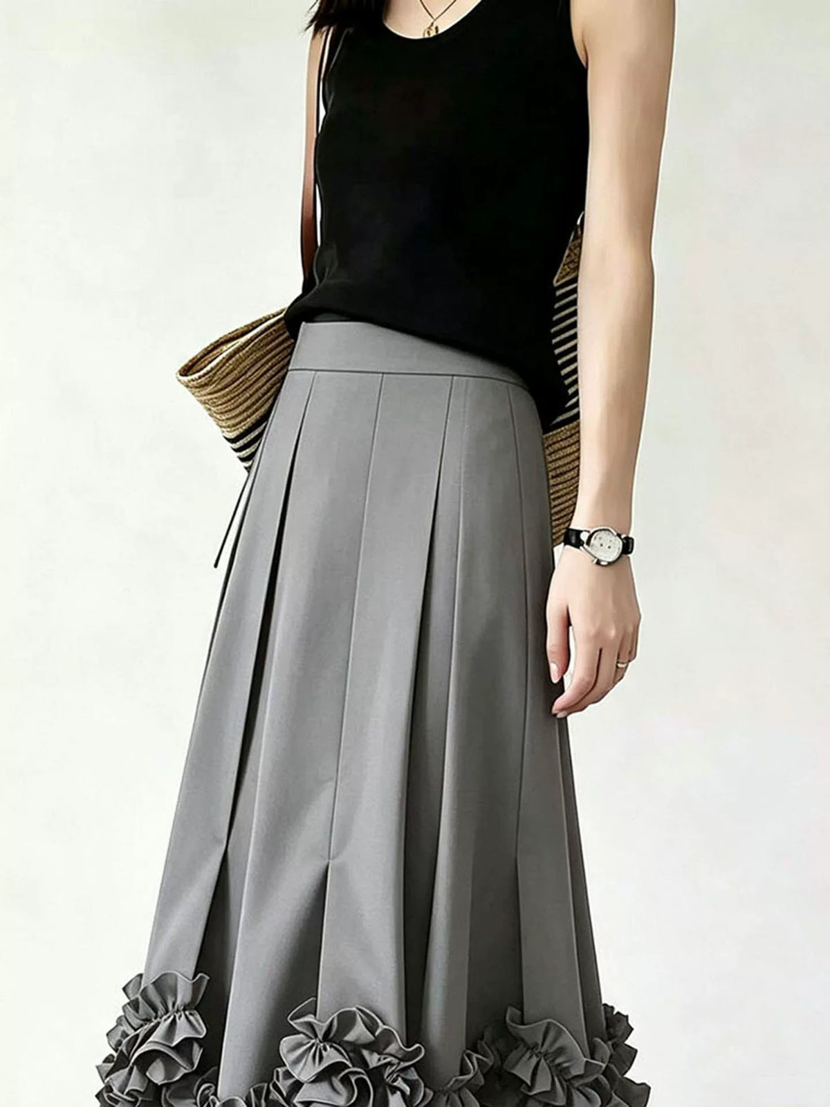 Women's Grey Pleated High-waist Slim-fit Midi Skirt for Summer Outfits Office Weekend Slimming Everyday Date Night