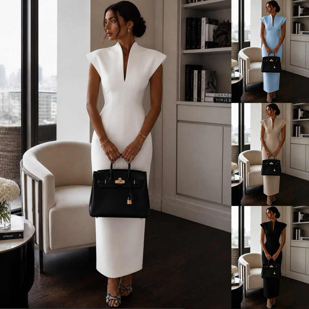 Women's Slim-Waist Bodycon Mandarin Collar Sleeveless Evening Dress Formal Midi Dress Party Wedding Guest
