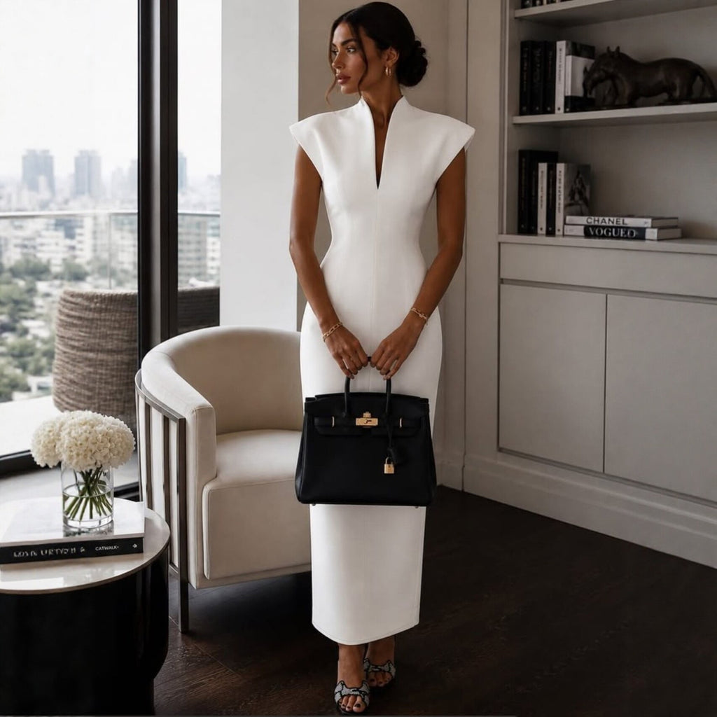 Women's Slim-Waist Bodycon Mandarin Collar Sleeveless Evening Dress Formal Midi Dress Party Wedding Guest